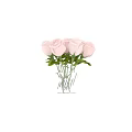 Decorative Ornament Set with Pink Roses in Transparent Glass Vase and Green Leaves