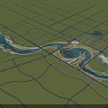 Aerial View Planning of Large Modern Circular Architectural Complex with Green Spaces River and Roads