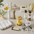 Spice Bottles and Pepper Grinders with Cheese Jar Herbs and Towel on Kitchen Countertop