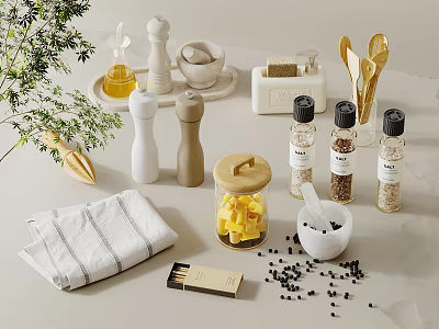 Spice Bottles and Pepper Grinders with Cheese Jar Herbs and Towel on Kitchen Countertop 3d model