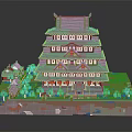 Traditional Japanese Multi Story Castle Brick Model With Small Buildings Greenery And Pond