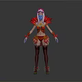 Game and Movie Character in Red and Gold Feather Decorated Outfit with Headdress and Stockings