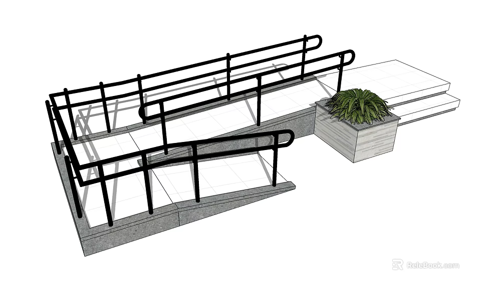 Metal Fence Design With Railings And Planter Box Featuring Green Plant 3d model 