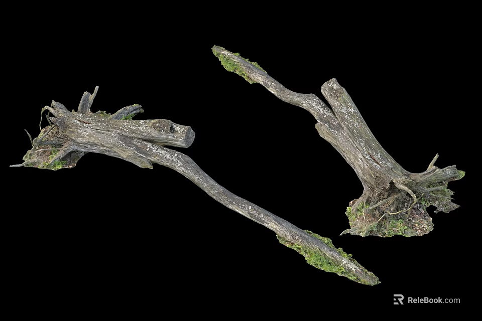 Natural Stone And Wood Decorative Pieces With Tree Roots And Green Moss 3d model 
