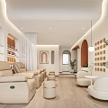 Modern Bright Beauty Hair Salon Interior Design With White Counter Tables Chairs And Product Shelves