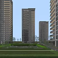 Modern High-Rise Residential Buildings In Community With Landscaped Greenery And Courtyard