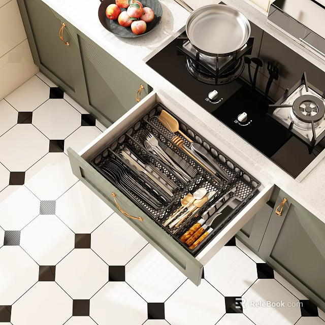 Organized Kitchen Utensils In Open Drawer With Green Cabinets And Black White Tile Floor 3d model 