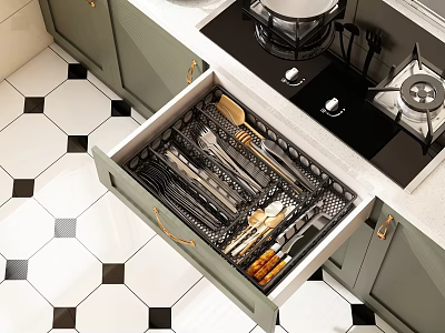 Organized Kitchen Utensils In Open Drawer With Green Cabinets And Black White Tile Floor 3d model