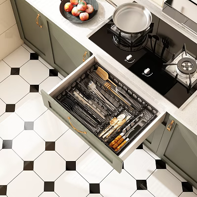 Organized Kitchen Utensils In Open Drawer With Green Cabinets And Black White Tile Floor 3d model