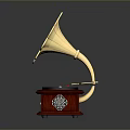 Vintage Gramophone With Red Base Golden Flower Shaped Horn And Black Record
