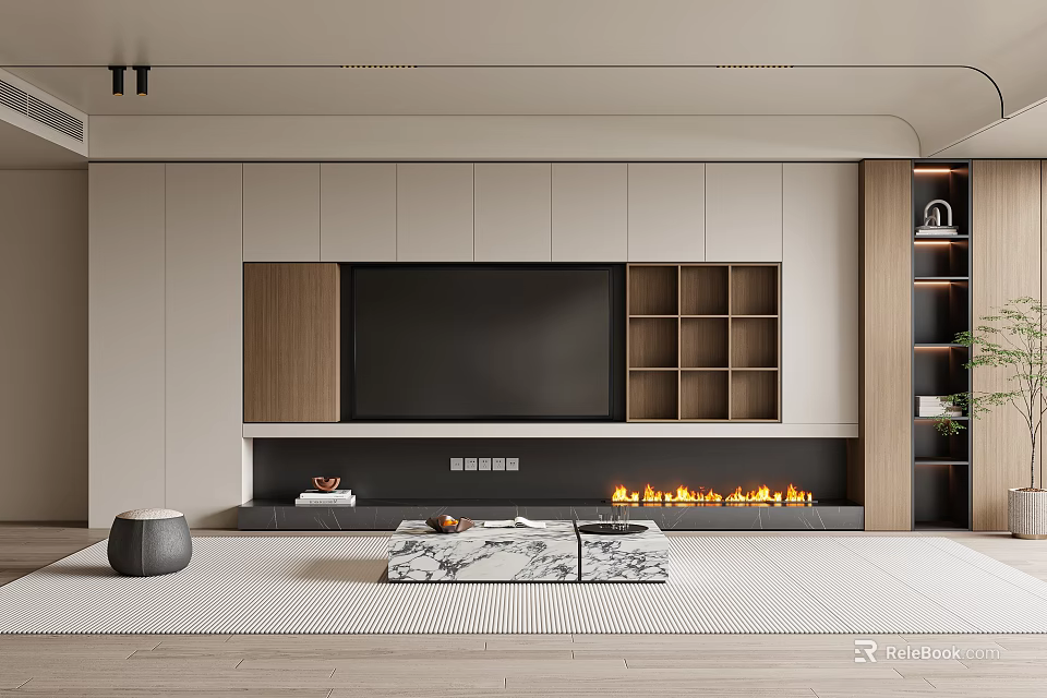 Modern Minimalist TV Background Wall With Fireplace And Wooden Cabinets 3d model 