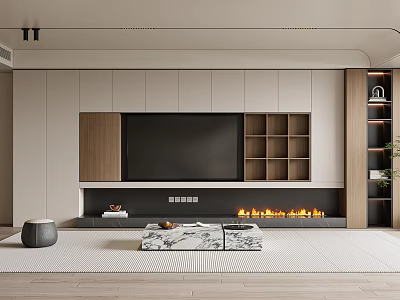 Modern Minimalist TV Background Wall With Fireplace And Wooden Cabinets 3d model