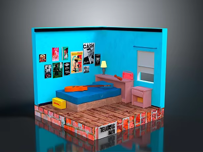 Blue Room Interior With Posters Bed Desk Lamp And Colorful Brick Base 3d model