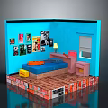 Blue Room Interior With Posters Bed Desk Lamp And Colorful Brick Base