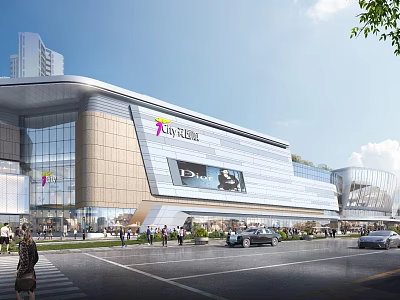 Modern Commercial Complex With Glass Facade Shopping Center Area With Pedestrians And Vehicles 3d model