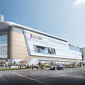 Modern Commercial Complex With Glass Facade Shopping Center Area With Pedestrians And Vehicles