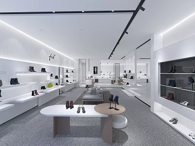 Bright Fashion Retail Store Interior Design With Bags Shoes Display Shelves Table And Mirrors 3d model