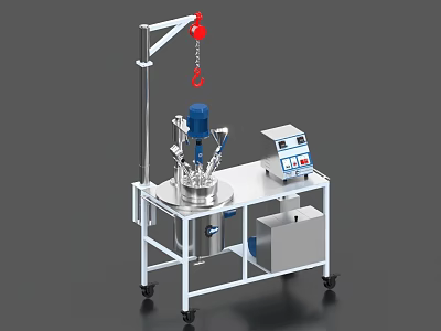 Industrial Reactor Equipment With Stirring Device Metal Stand Red Hook And Wheeled Control Cabinet 3d model