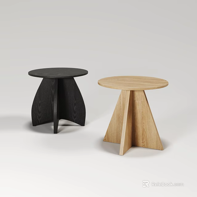 Black And Light Wood Modern Side Tables With Round Top And Angular Base 3d model
