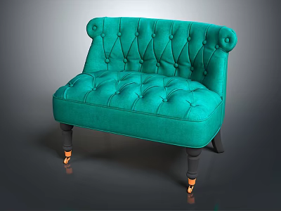 Turquoise Velvet Single Seater Sofa With Tufted Design And Roll Arms On Casters 3d model