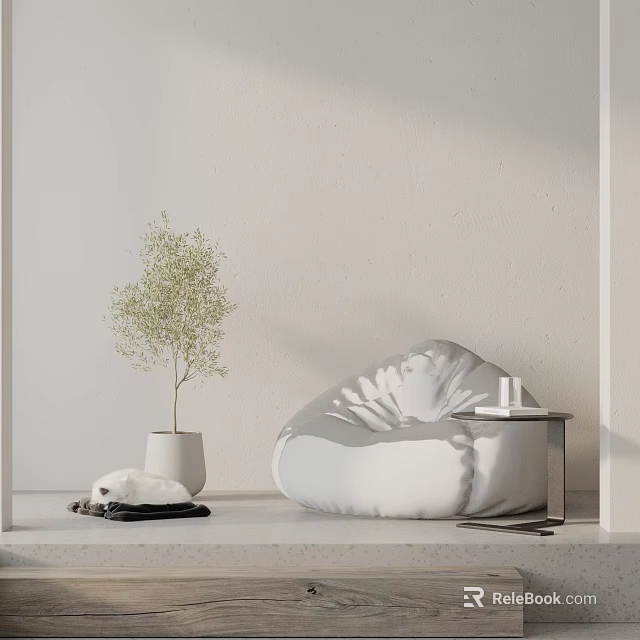 Soft Light Minimalist Interior Featuring Bean Bag Chair Potted Plant and Side Table 3d model 