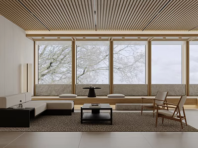 Minimalist Living And Dining Room Interior With Wooden Ceiling Large Windows And Natural Light 3d model