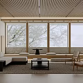 Minimalist Living And Dining Room Interior With Wooden Ceiling Large Windows And Natural Light