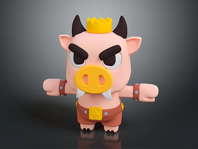 3D Cute Cartoon Pig Sculpture Featuring Black Horns Yellow Crown Outstretched Arms And Angry Expression 3d model