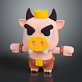 3D Cute Cartoon Pig Sculpture Featuring Black Horns Yellow Crown Outstretched Arms And Angry Expression