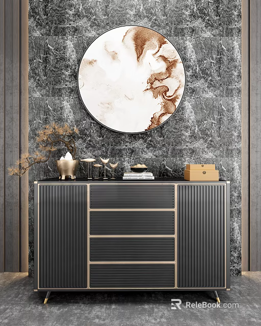 Stylish Black Console Table With Golden Lines Grey Marble Wall Circular Painting And Decorative Items 3d model 