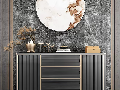Stylish Black Console Table With Golden Lines Grey Marble Wall Circular Painting And Decorative Items 3d model
