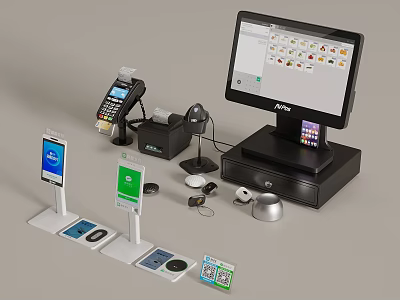 Supermarket Retail Checkout Equipment With POS Terminal Payment Devices Cash Register And Accessories 3d model
