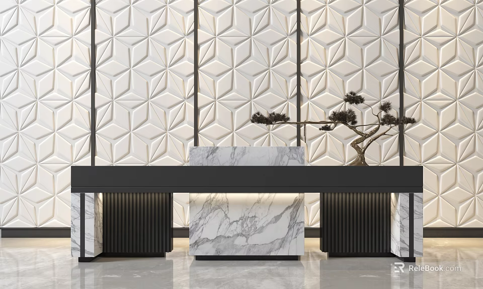Elegant Reception Desk With Black Frame Marble Countertop Small Tree And Geometric Pattern Wall 3d model 