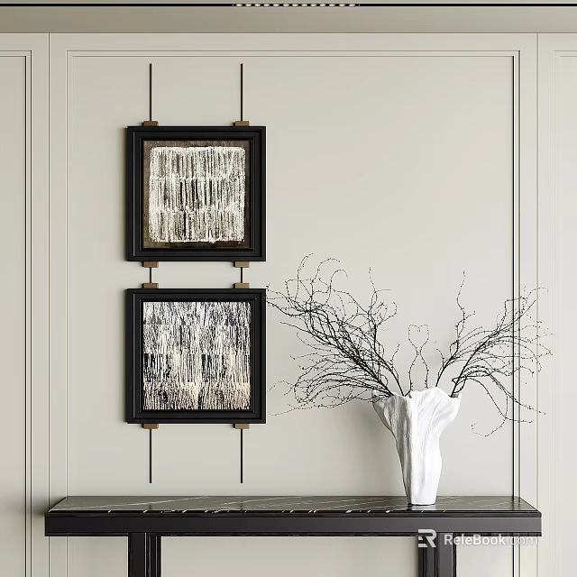 Elegant Wall Art With Framed Textured Paintings And White Vase With Branches 3d model 