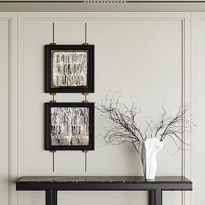 Elegant Wall Art With Framed Textured Paintings And White Vase With Branches 3d model