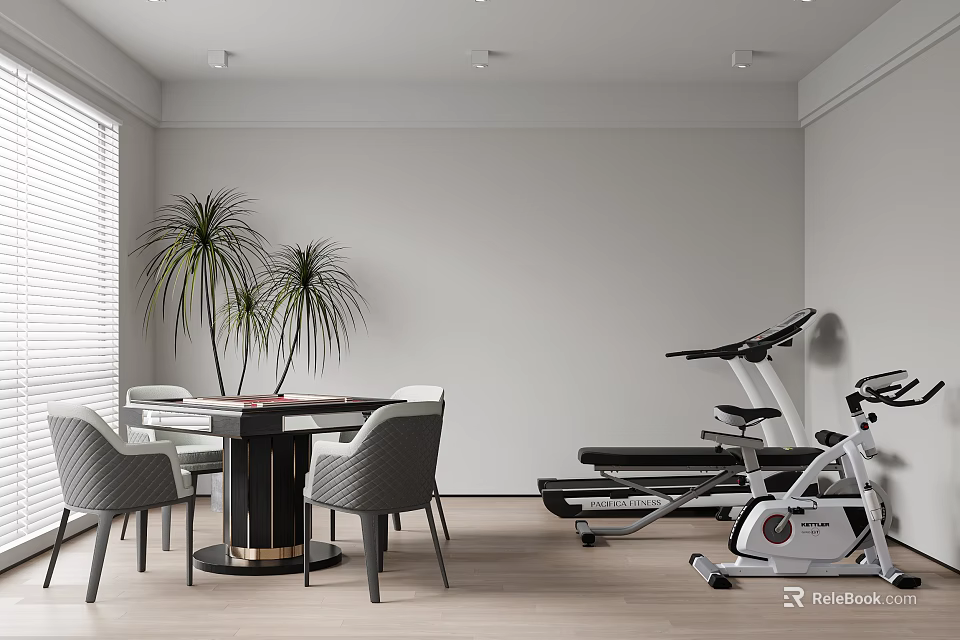 Modern Entertainment Room With Table Chairs Fitness Equipment And Plants 3d model 