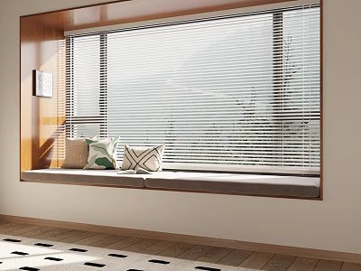 Cozy Window Seat with Blinds Decorative Pillows and Trees Outside Wooden Floor 3d model