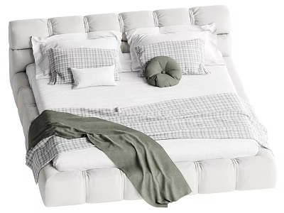 Comfortable Double Bed With Upholstered Headboard Plaid Pillows Round Cushion And Green Blanket 3d model