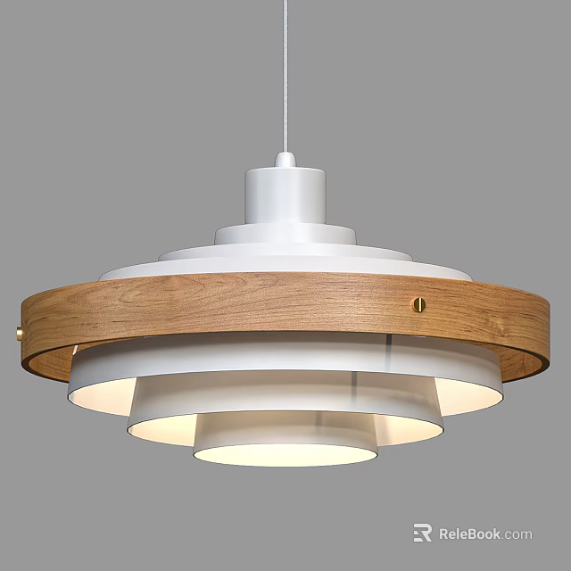 Modern Chandelier with Wooden Ring and White Layered Pendant Lighting Design 3d model 