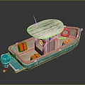 Blue Boat with White Canopy Orange Life Jackets Orange Life Ring and Outboard Motor