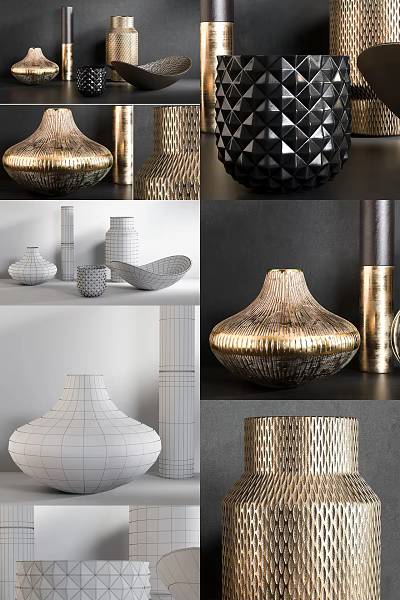 Modern Elegant Decorative Ornament Set With Gold Black White Geometric Textured Designs For Home Decor 3d model