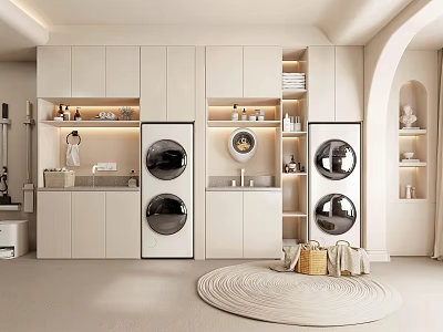 Modern Bathroom Cabinet Design With White Storage Mirror Double Washing Machines And Round Rug 3d model