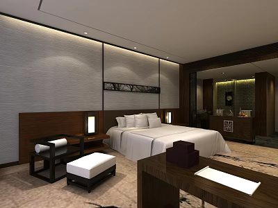 Modern Hotel Guest Room Interior Featuring King Bed Nightstand Armchair And Wall Painting 3d model