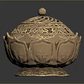 Decorative Golden Furniture Piece With Intricate Carved Lid And Ornate Base