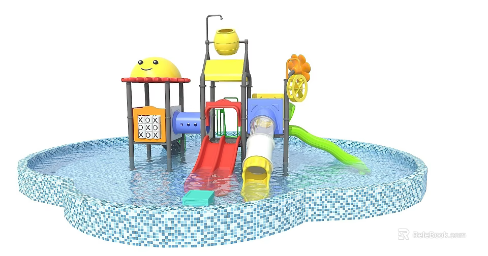 Colorful Children's Water Playground Equipment with Red Slide Yellow Bucket Smiley Face And Pool 3d model 