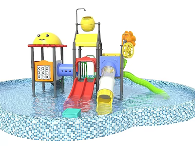 Colorful Children's Water Playground Equipment with Red Slide Yellow Bucket Smiley Face And Pool 3d model
