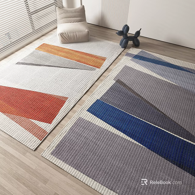 Modern Square Rugs with Geometric Stripes Triangles in Orange Gray Red Blue Tones 3d model 