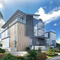 Modern Detached Villa With Glass Curtain Wall Green Lawn Palm Trees And Outdoor Lounge Area