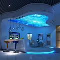 Modern High Tech Exhibition Hall Featuring Curved Design Blue Lighting Display Stands And Interactive Screens