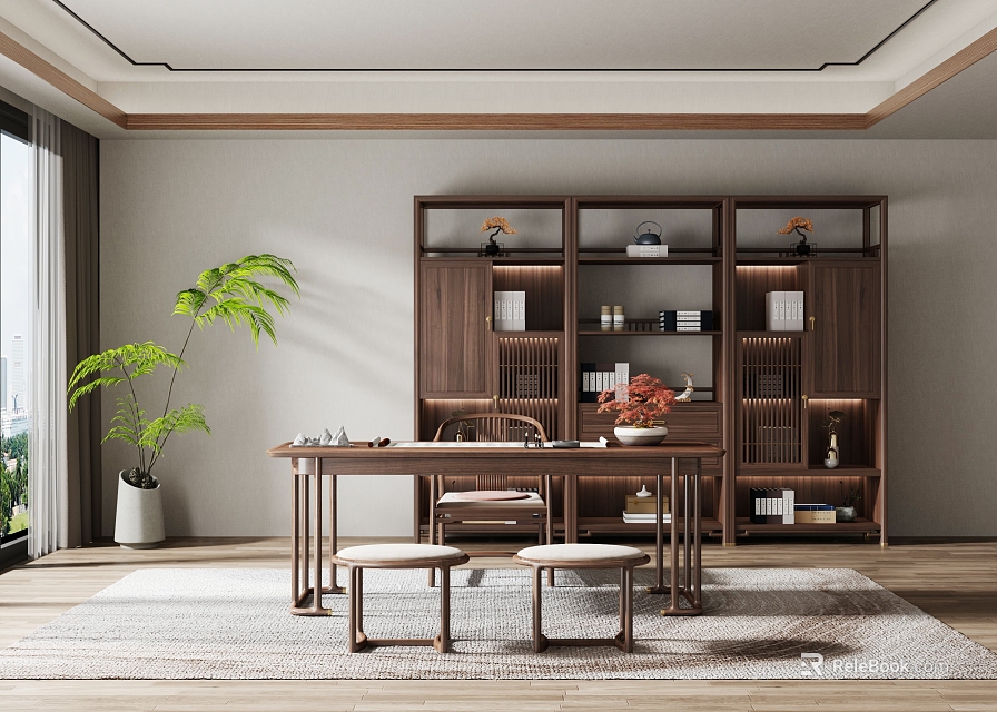 Traditional Chinese Style Study With Wooden Furniture And Plants 3d model 